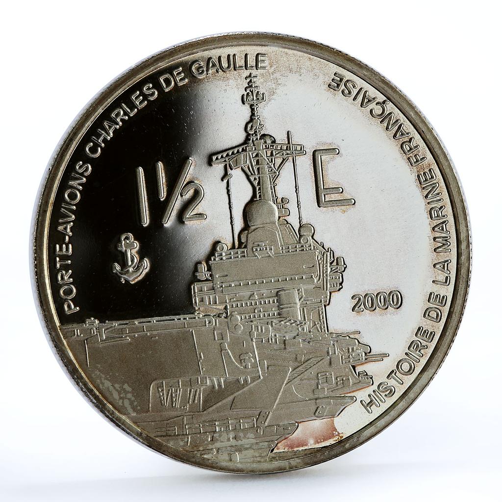 France 1 1/2 euro Porte-Avions Charles De Gaulle Ship proof silver coin 2004