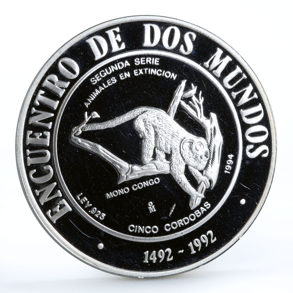 Nicaragua 5 cordobas Ibero American series II Congo Monkey silver coin 1994