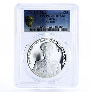 Russia 3 rubles Jubilee of Yuri Gagarin Space Flight PR70 PCGS silver coin 2001