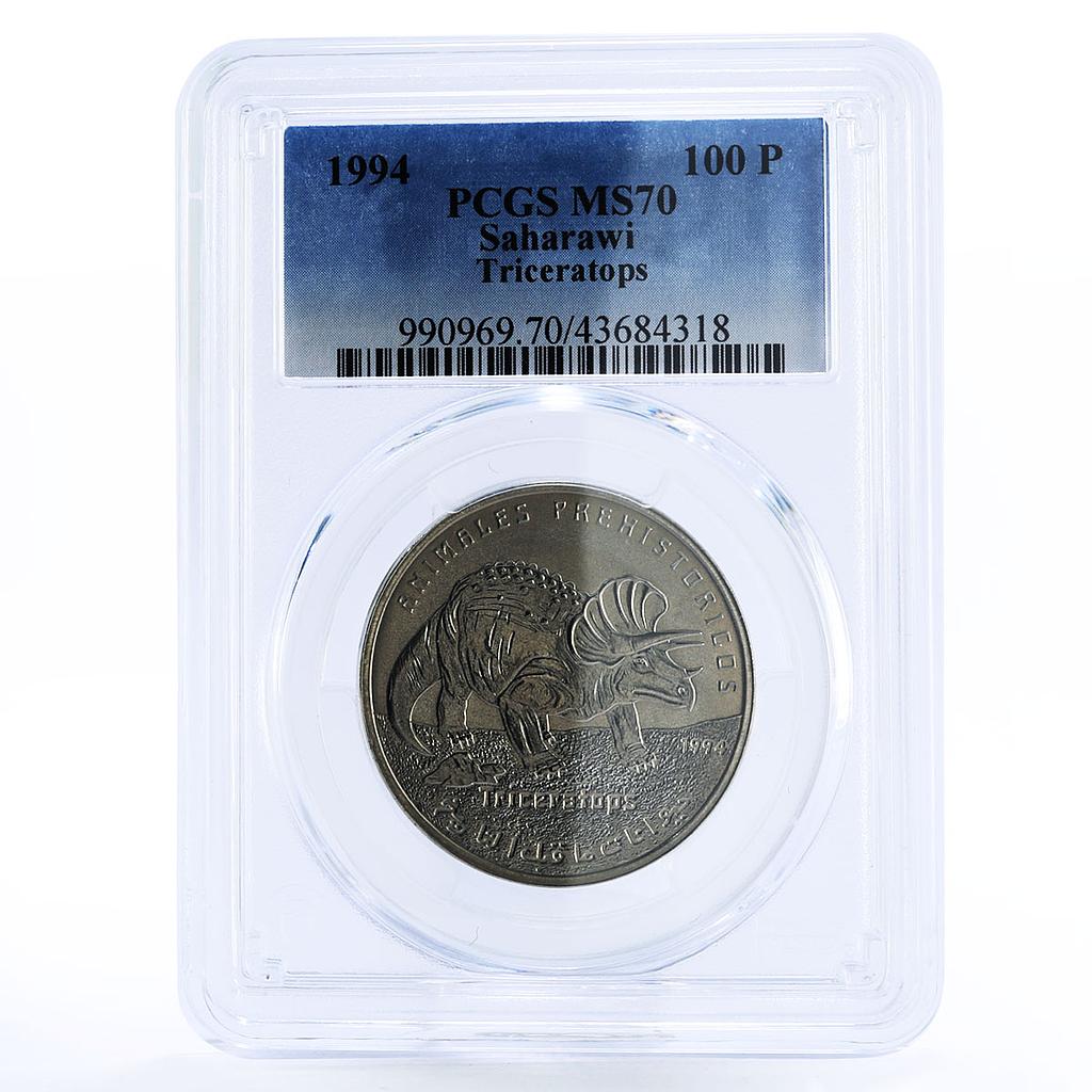 Saharawi 100 pesetas Prehistoric Animals Triceraptors MS70 PCGS CuNi coin 1994