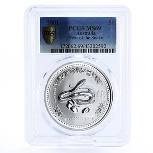 Australia 1 dollar Lunar Calendar I Year of the Snake MS69 PCGS silver coin 2001