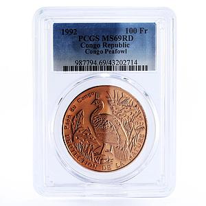 Congo 100 francs Wildlife Peafowl Bird MS69 PCGS copper coin 1992