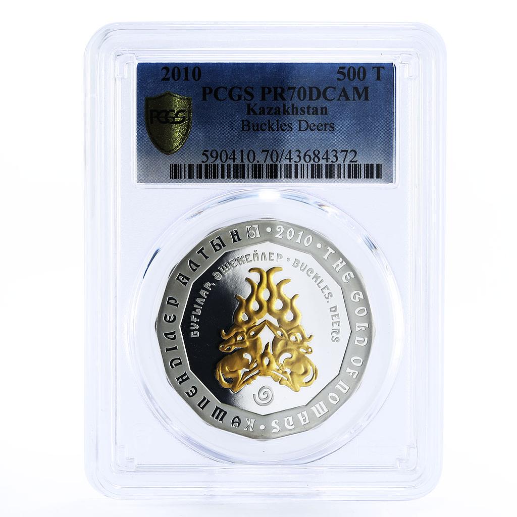 Kazakhstan 500 tenge Wildlife Buckles Deers PR70 PCGS gilded silver coin 2010