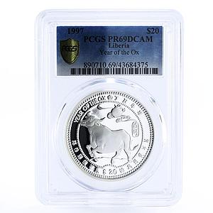 Liberia 20 dollar Lunar Calendar Year of the Ox PR69 PCGS proof silver coin 1997