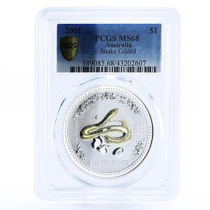 Australia 1 dollar Lunar I Year of the Snake MS69 PCGS gilded silver coin 2001