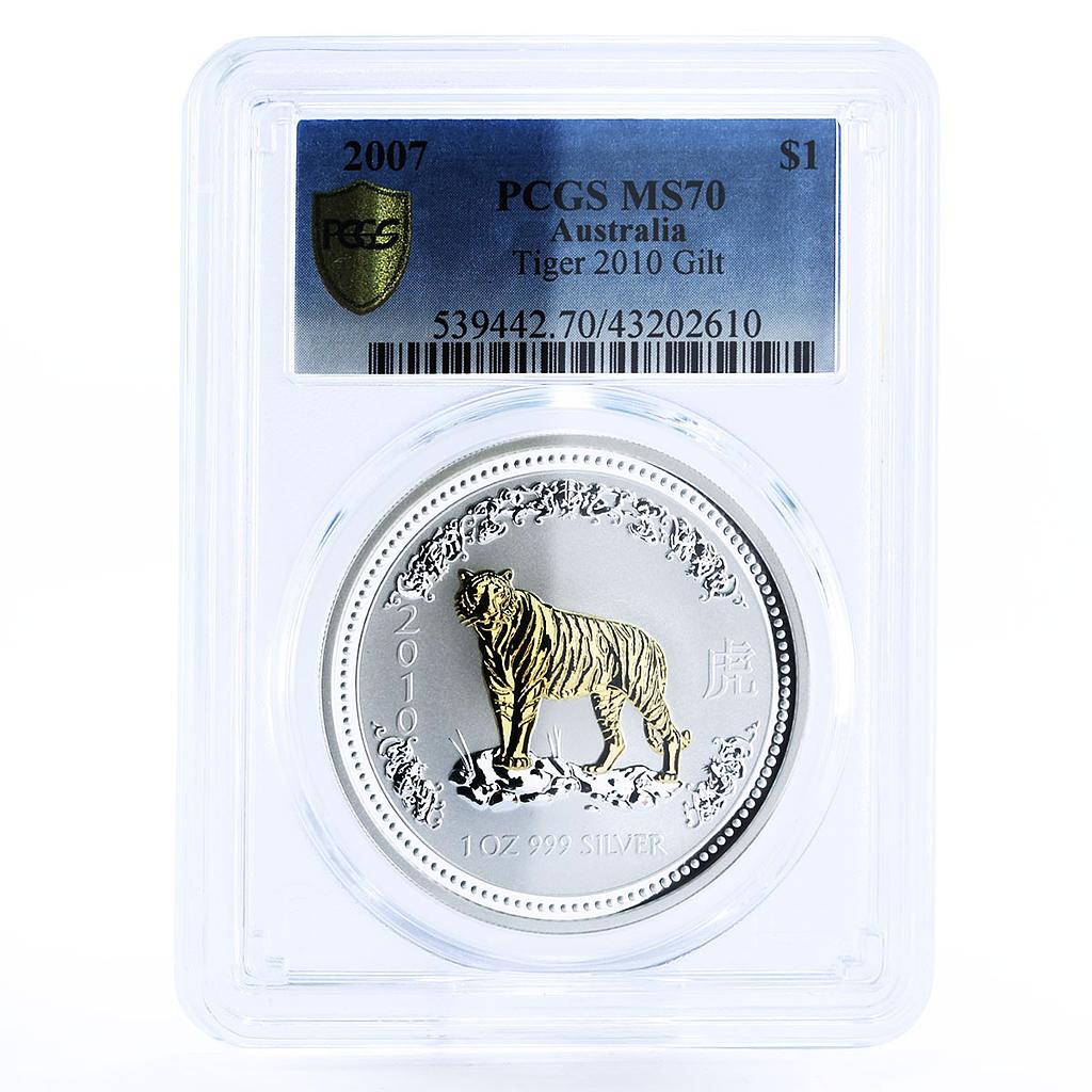 Australia 1 dollar Lunar I Year of the Tiger MS70 PCGS gilded silver coin 2007