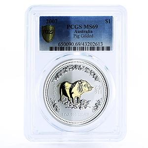 Australia 1 dollar Lunar I Year of the Pig MS69 PCGS gilded silver coin 2007