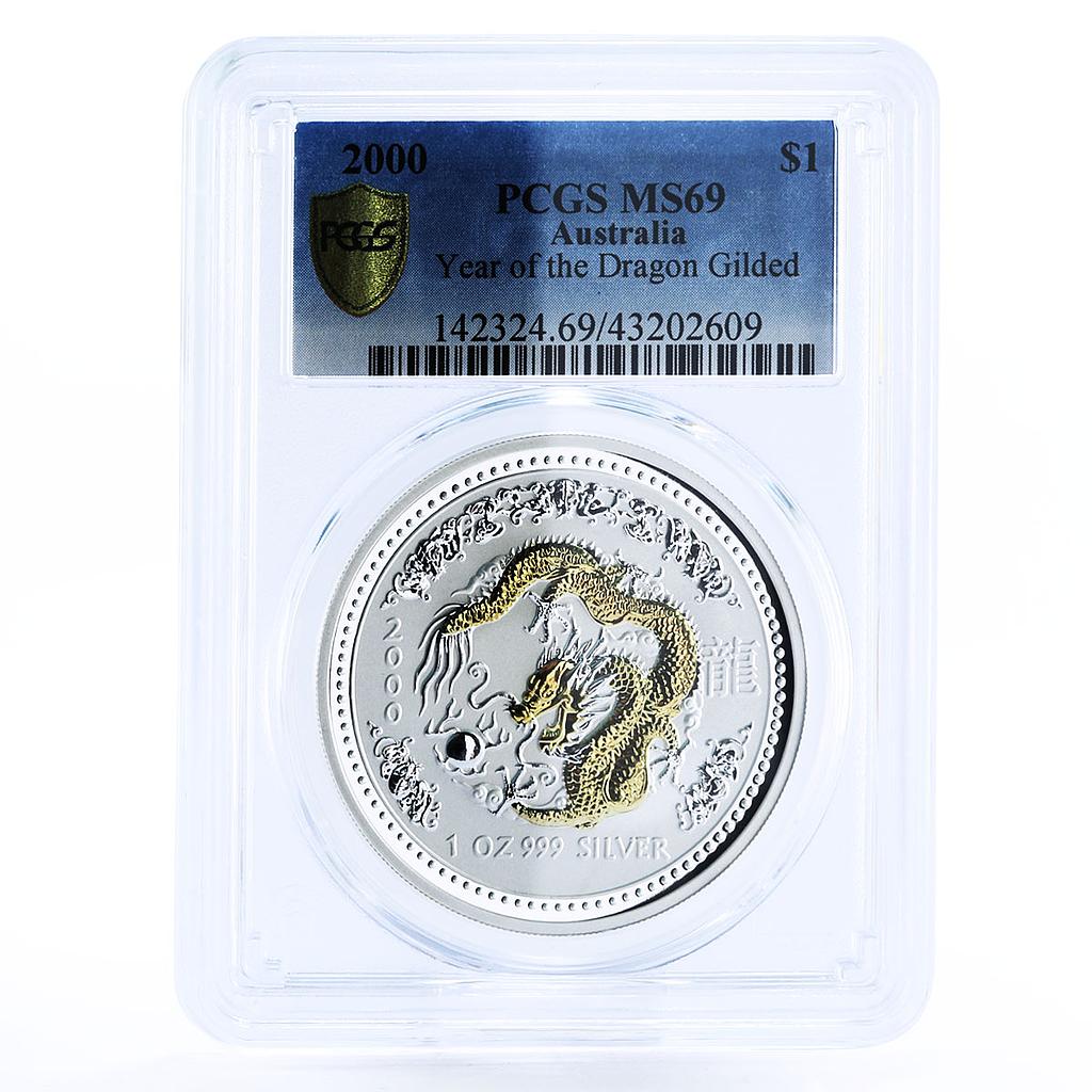 Australia 1 dollar Lunar I Year of Dragon MS69 PCGS gilded silver coin 2000