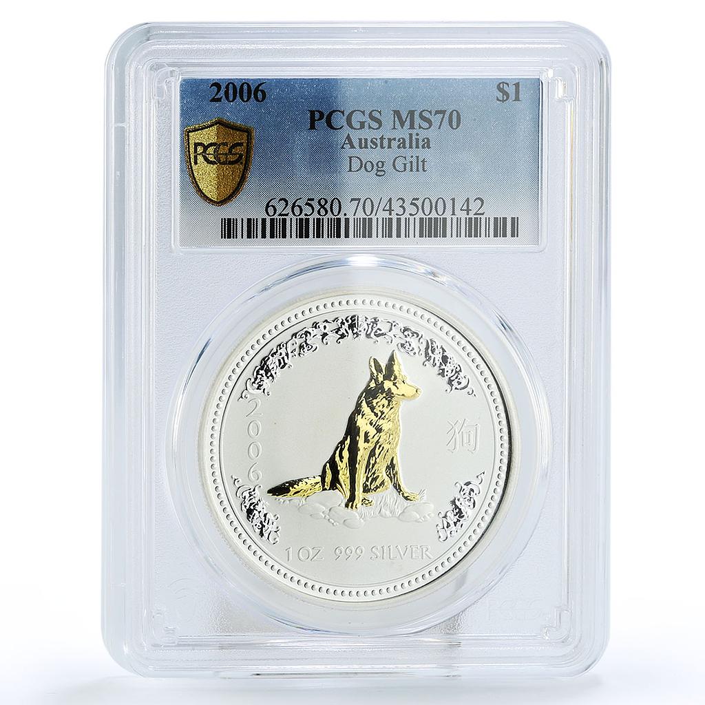 Australia 1 dollar Lunar I Year of the Dog MS70 PCGS gilded silver coin 2006