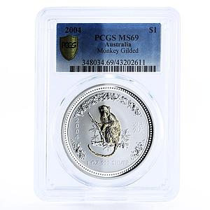 Australia 1 dollar Lunar I Year of the Monkey MS69 PCGS gilded silver coin 2004
