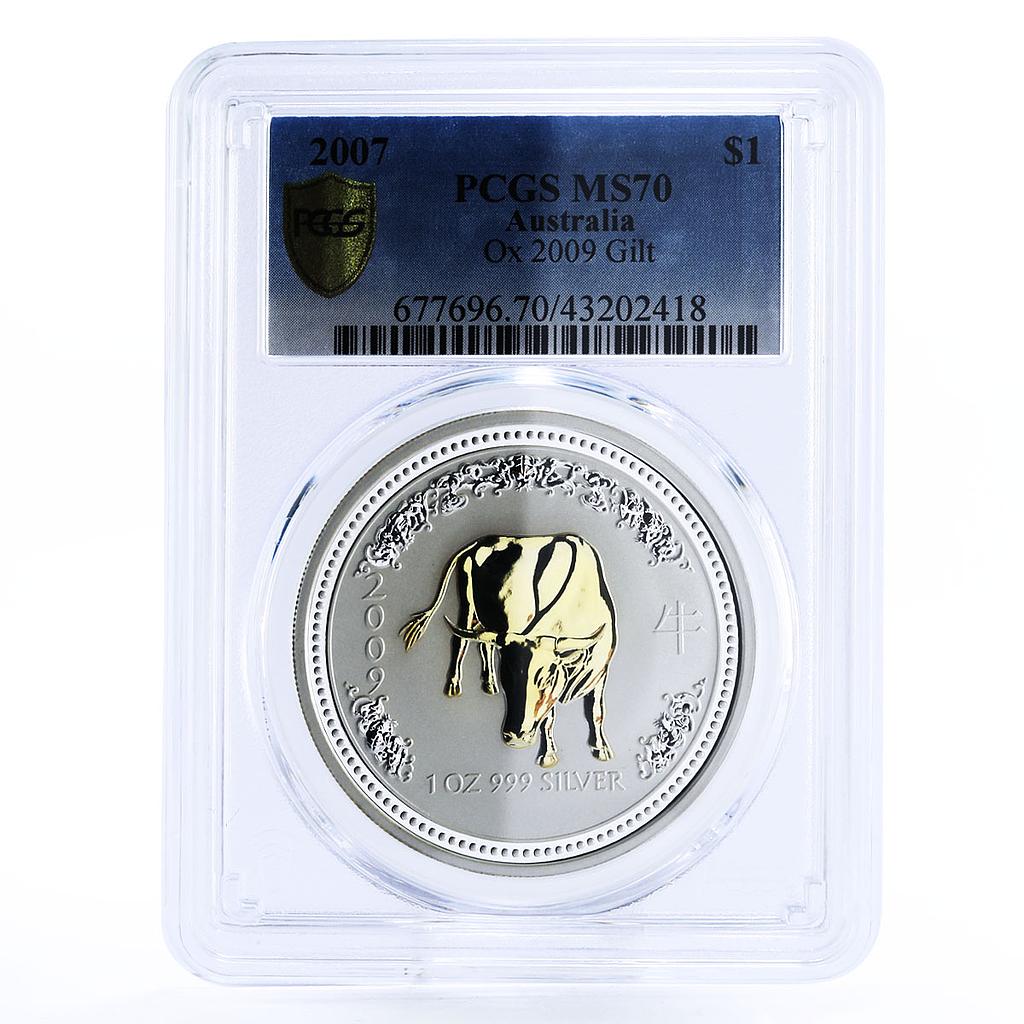 Australia 1 dollar Lunar I Year of the Ox MS70 PCGS gilded silver coin 2007