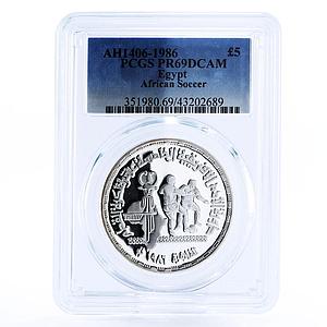 Egypt 5 pounds African Football Championship Players PR69 PCGS silver coin 1986