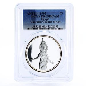 Egypt 5 pounds Statue of Guardian Goddess Sekret PR69 PCGS silver coin 1993