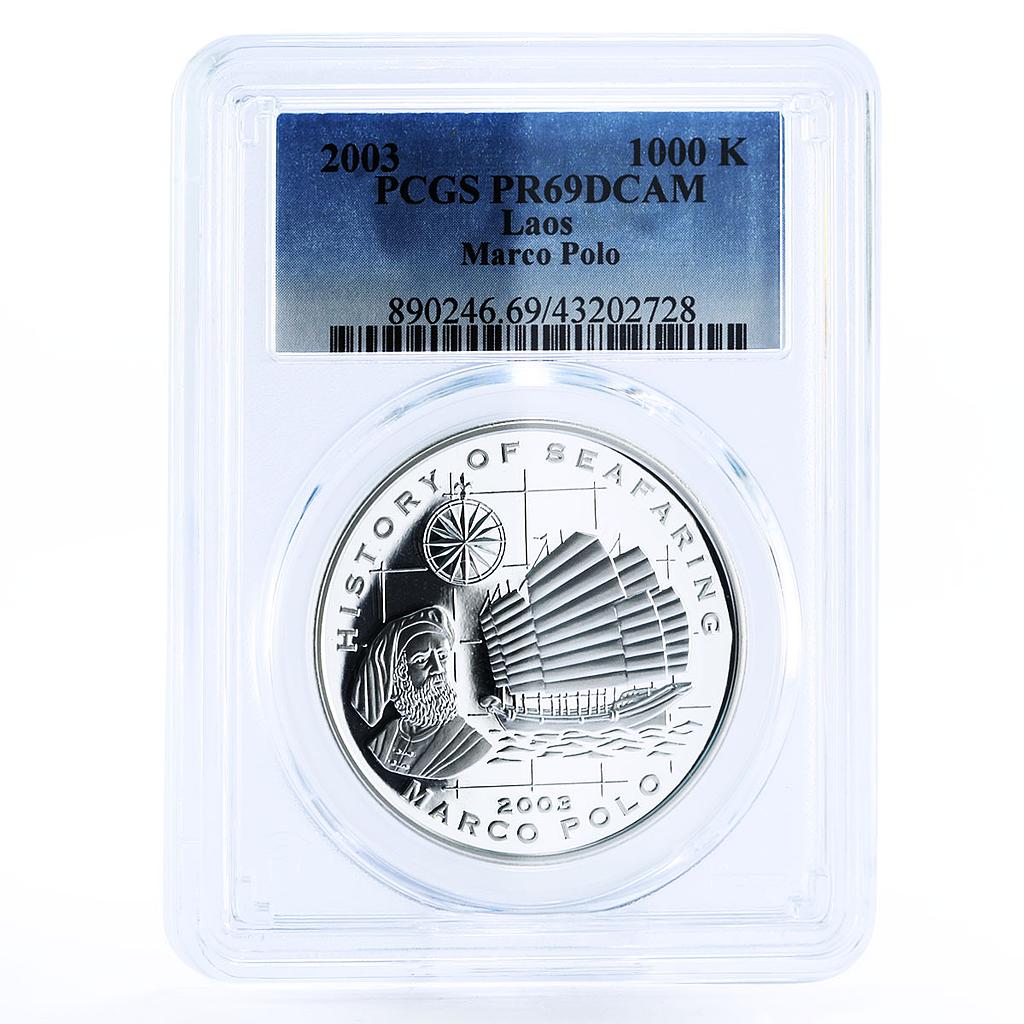 Laos 1000 kip Traveller Marco Polo Seafaring Ship PR69 PCGS silver coin 2003