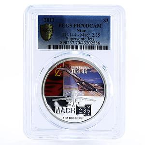 Niue 2 dollars Passenger Jet TU-144 - Mach PR70 PCGS colored silver coin 2011