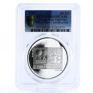 United Arab Emirates 50 dirhams Football Youth League PR69 PCGS silver coin 2003