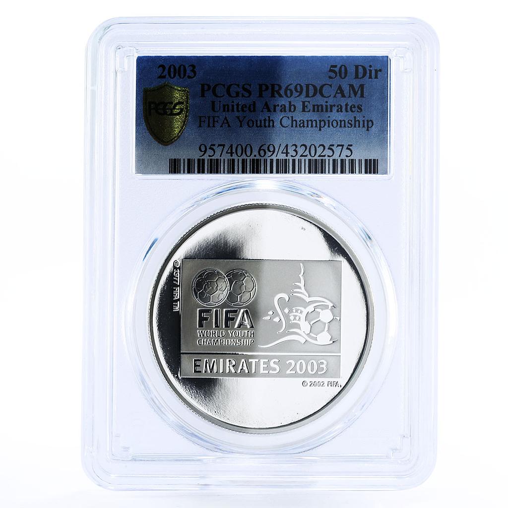 United Arab Emirates 50 dirhams Football Youth League PR69 PCGS silver coin 2003