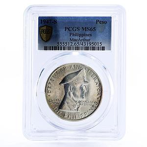 Philippines 1 peso General Douglas MacArthur MS65 PCGS silver coin 1947