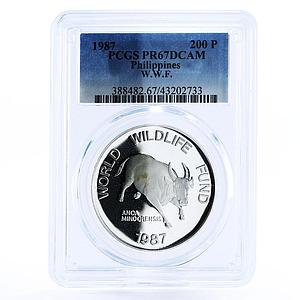 Philippines 200 piso WWF series Mindoro Buffalo Bull PR67 PCGS silver coin 1987
