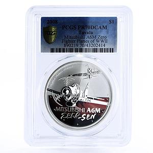 Tuvalu 1 dollar Fighter of WWII Mitsubishi Zero Plane PR70 PCGS silver coin 2008