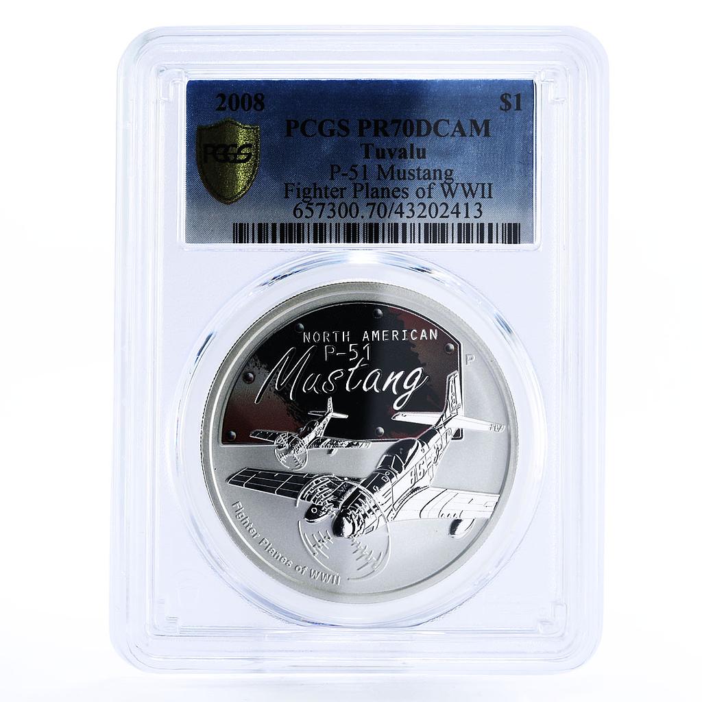 Tuvalu 1 dollar Fighters of WWII Mustang Plane PR70 PCGS silver coin 2008
