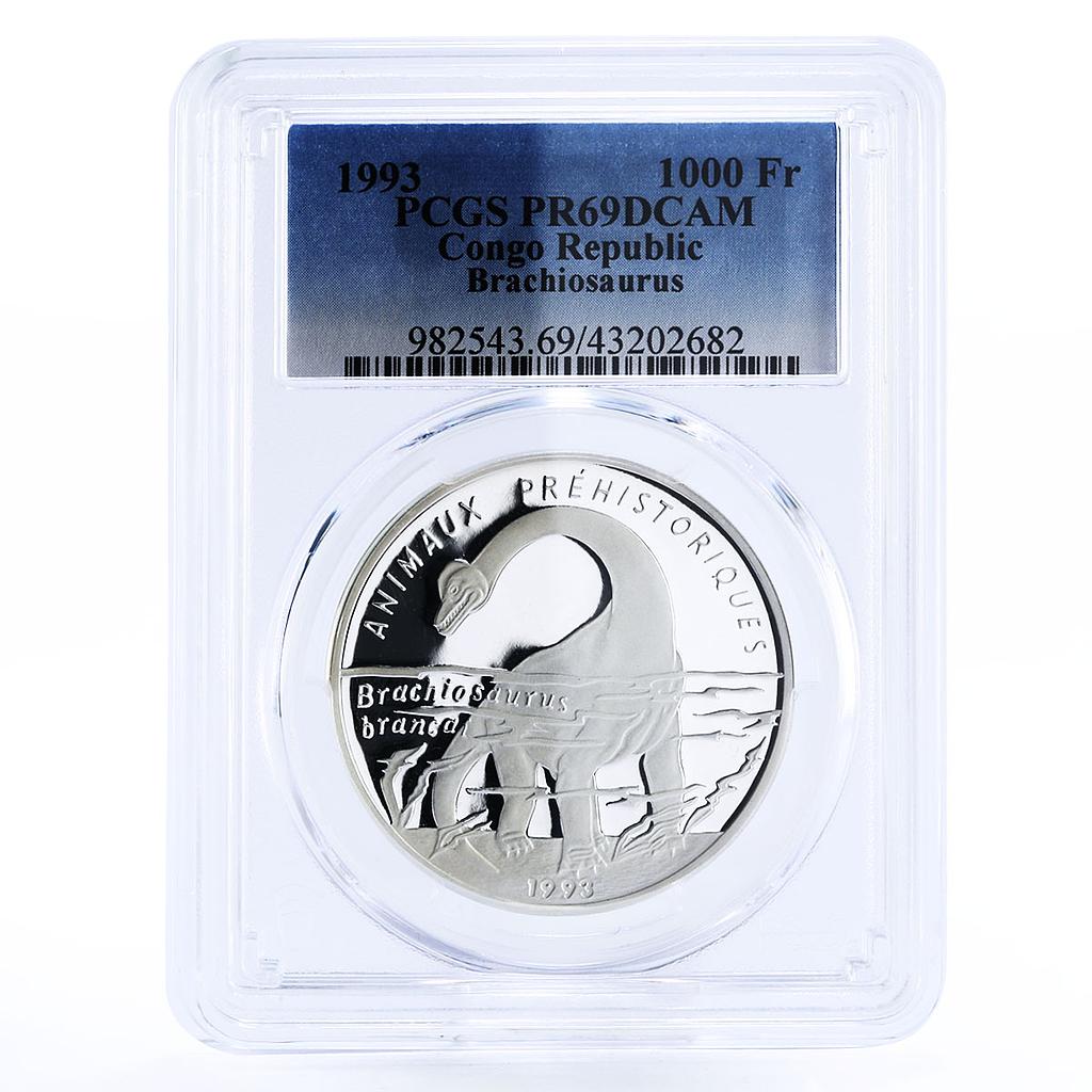 Congo 1000 francs Prehistoric Animals Brachiosaurus PR69 PCGS silver coin 1993