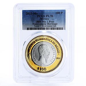 Mexico 100 pesos Heritage 1866 1 Peso Maximiliano PL70 PCGS bimetal coin 2012