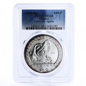Mexico 100 pesos Guerrero Aguila Eagle Warrior MS68 PCGS silver coin 1992
