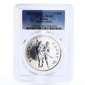Russia 3 rubles Russian Ballet Dancers Dancing Duet MS68 PCGS silver coin 1993