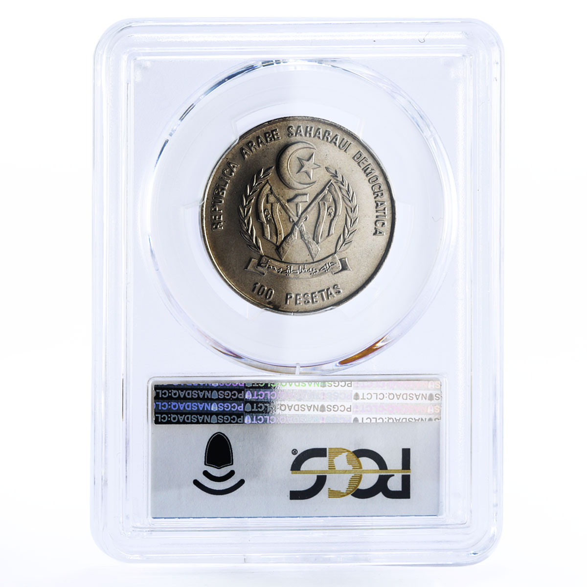 Sahrawi 100 pesetas Ancient Ship Clipper Arab Man MS69 PCGS CuNi coin 1990