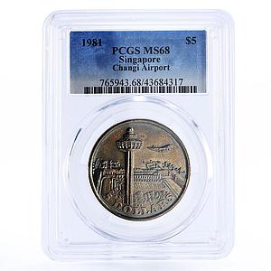 Singapore 5 dollars Changi Airport Plane City Landscape MS68 PCGS CuNi coin 1981