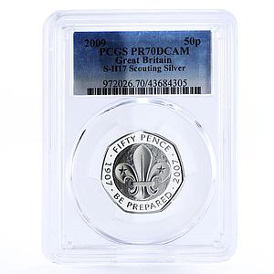 Britain 50 pence 100 Years of Scout Movement Scouting PR70 PCGS silver coin 2009