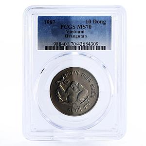 Vietnam 10 dong Natural Protection Animals Orangutan MS70 PCGS CuNi coin 1987