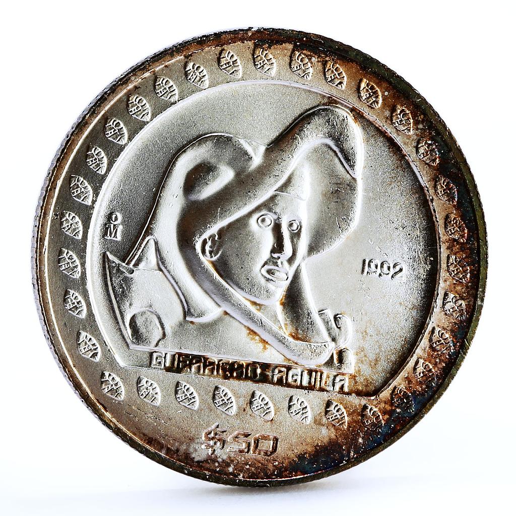 Mexico 50 pesos Guererro Aguila Eagle Warrior silver coin 1992