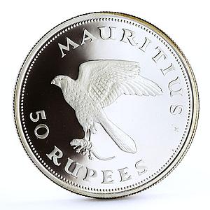 Mauritius 50 rupees Endangered Wildlife Fauna Kestrel Bird silver coin 1975