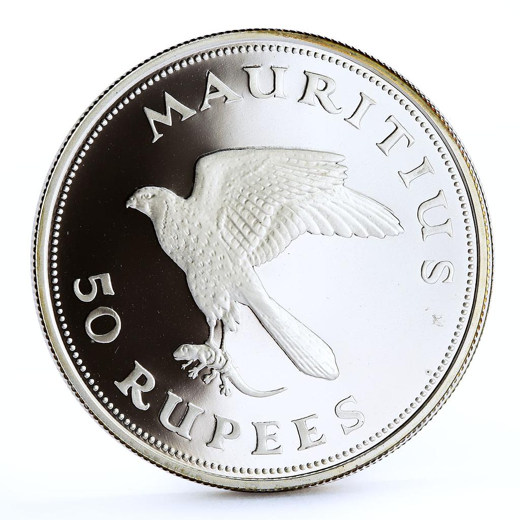 Mauritius 50 rupees Endangered Wildlife Fauna Kestrel Bird silver coin 1975