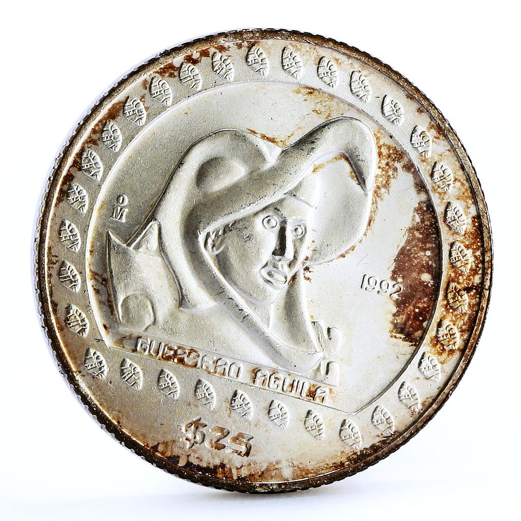 Mexico 25 pesos Guererro Aguila Eagle Warrior silver coin 1992