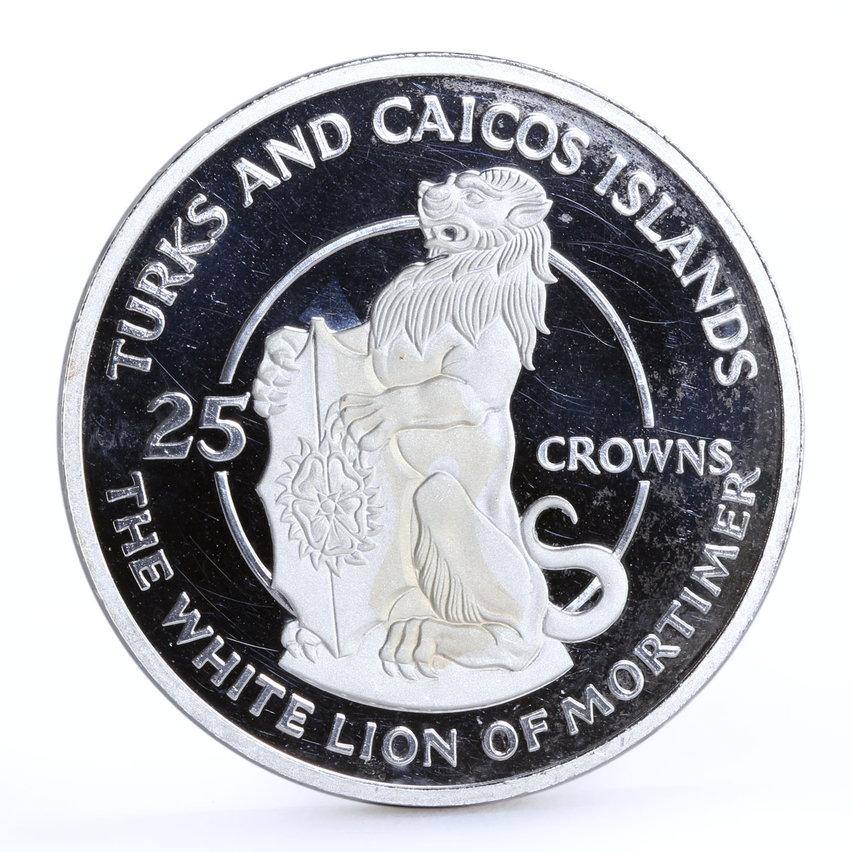 Turks and Caicos 25 crowns Queen's Beast Mortymer White Lion silver coin 1978