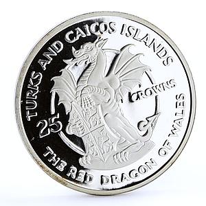Turks and Caicos 25 crowns Queen's Beast The Wales Red Dragon silver coin 1978