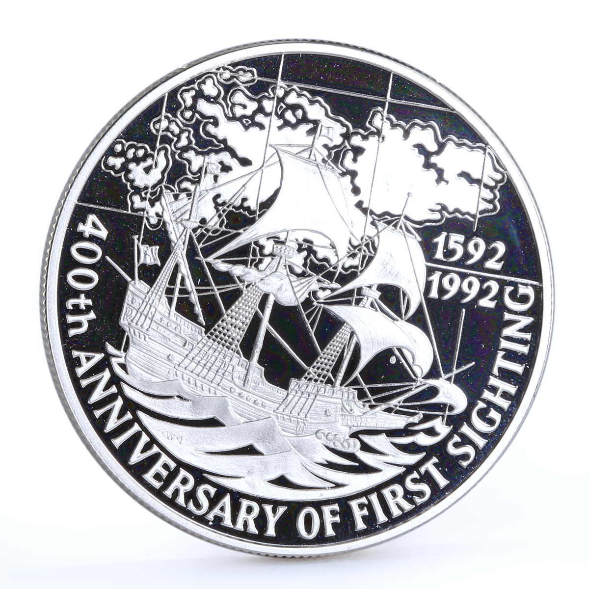 Falkland Islands 5 pounds Discovery of America Ship Desire silver coin 1992