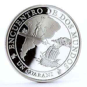 Paraguay 1 guarani Discovery of America Ship Clipper Indian Map silver coin 2002