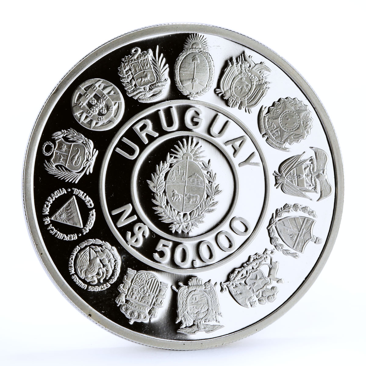Uruguay 50000 pesos Ibero-American series Coat of Arms proof silver coin 1991
