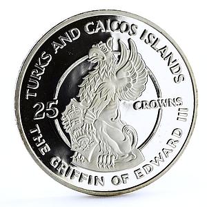 Turks and Caicos 25 crowns Griffin of Edward III proof silver coin 1978
