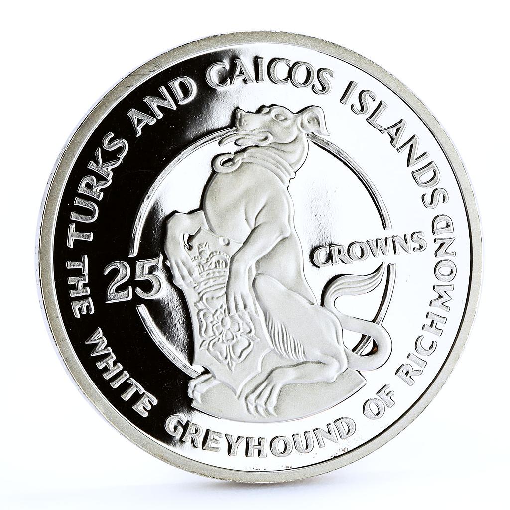 Turks and Caicos 25 crowns Queen's Beast White Greyhound Dog silver coin 1978