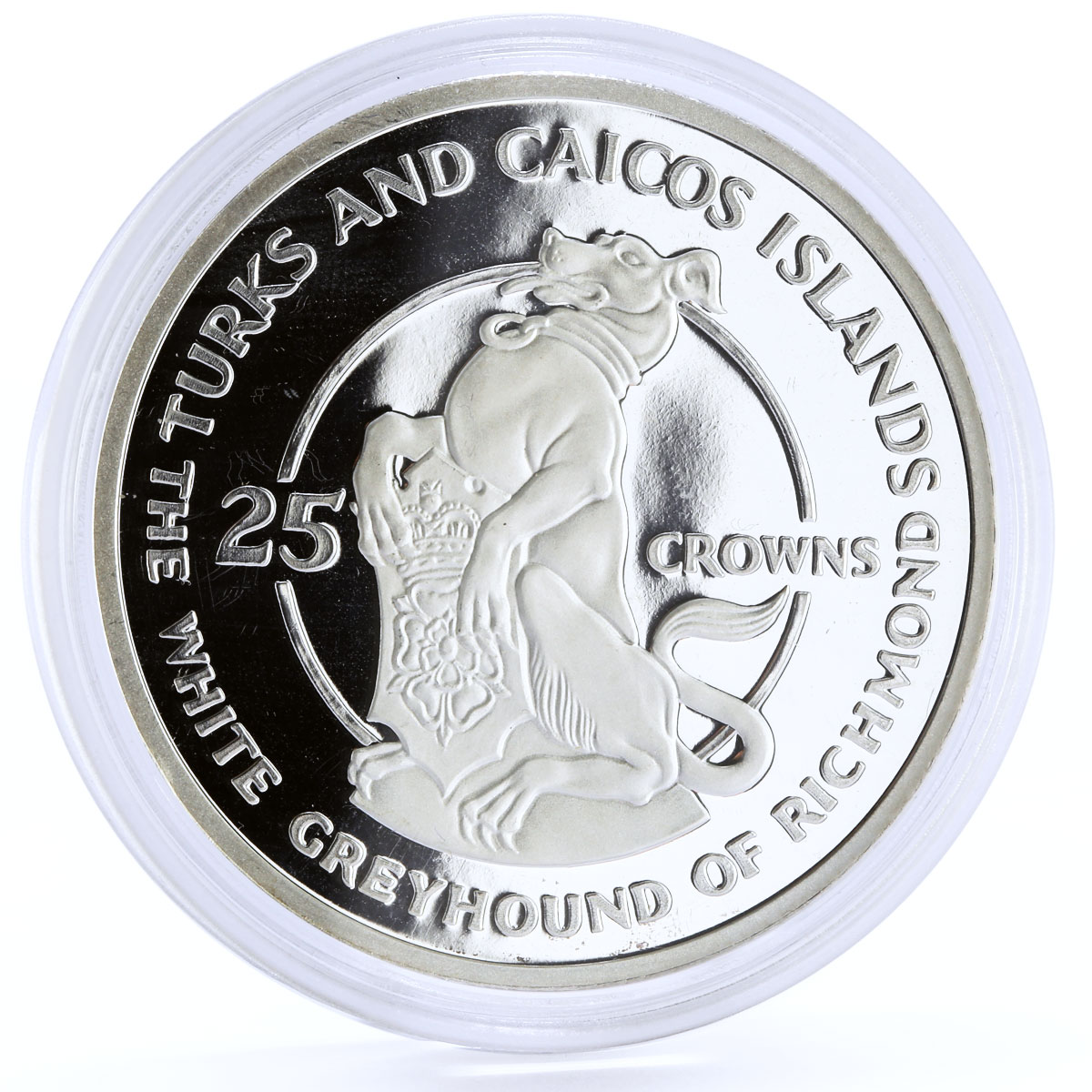 Turks and Caicos 25 crowns Queen's Beast White Greyhound Dog silver coin 1978