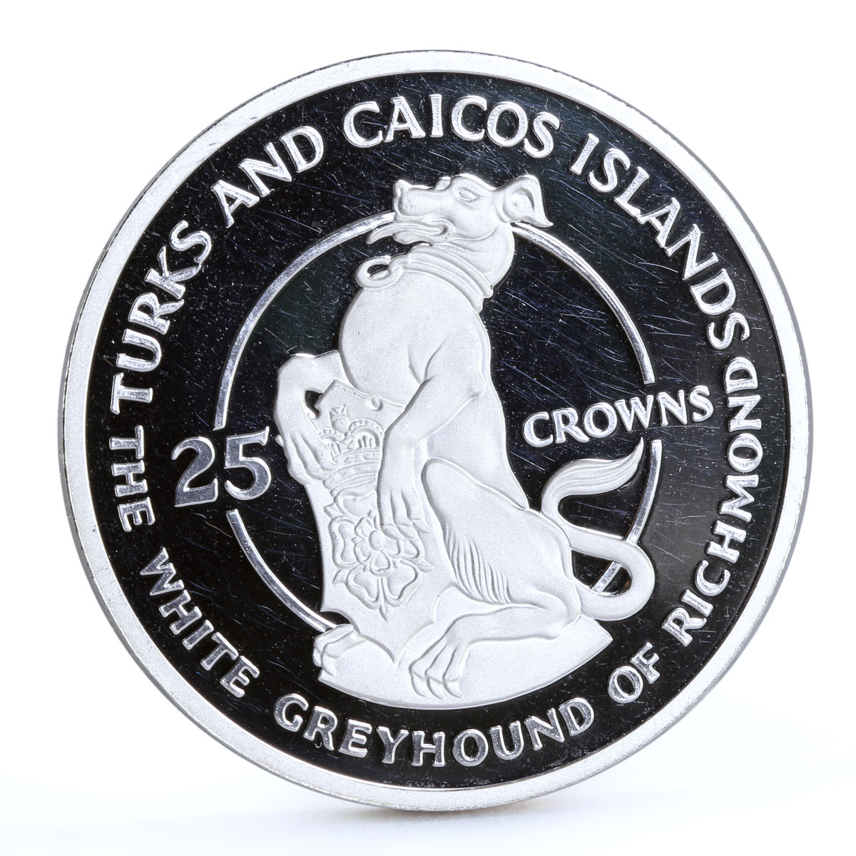 Turks and Caicos 25 crowns Queen's Beast White Greyhound Dog silver coin 1978