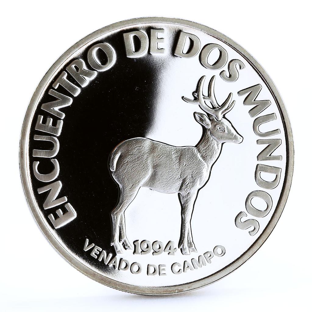 Uruguay 200 pesos Ibero American series Pampas Deer Fauna proof silver coin 1994