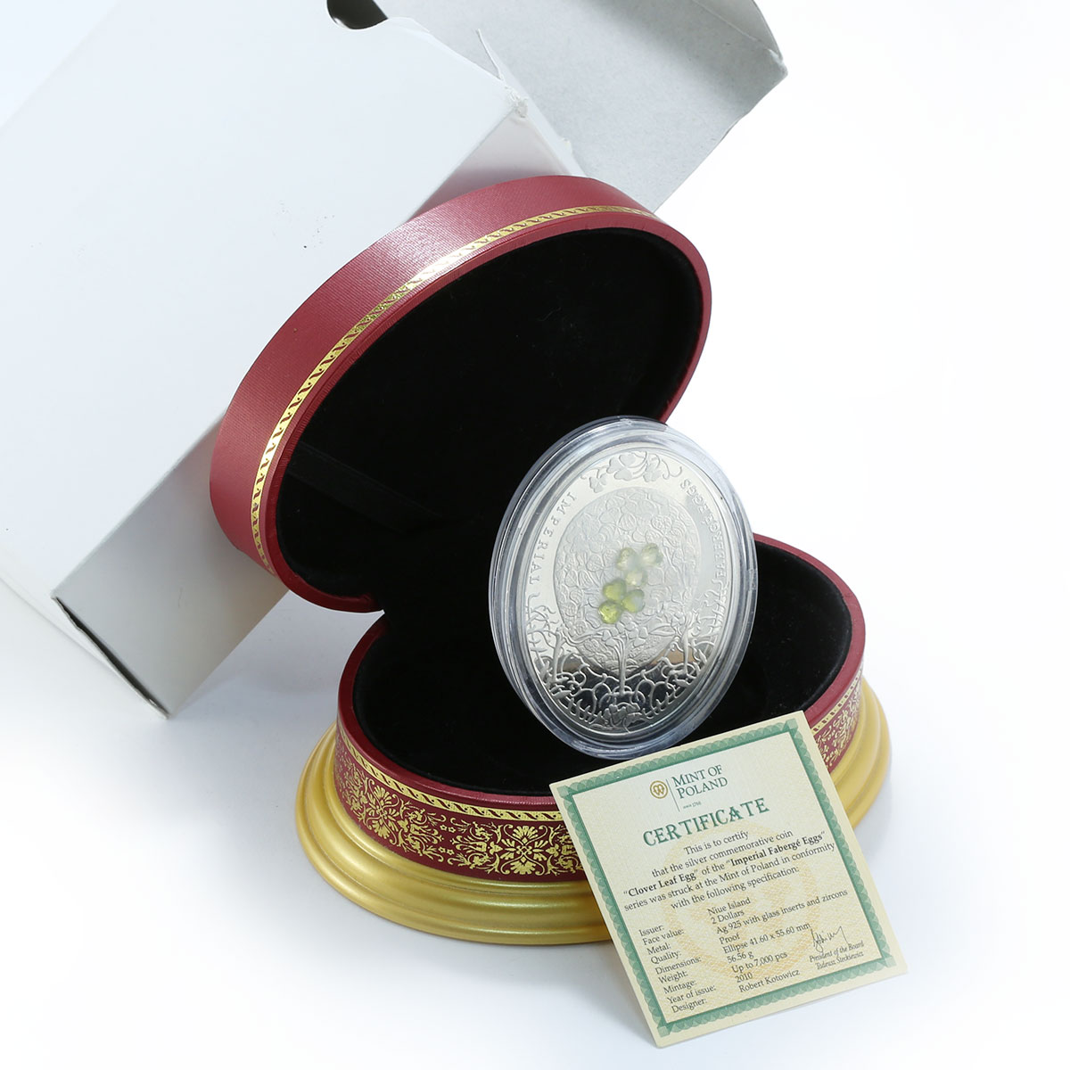 Niue 2 dollars Imperial Faberge Eggs Clover Leaf Egg zircons silver coin 2010