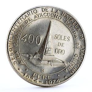 Peru 400 soles Anniversary of Battle of Ayacucho Monument silver coin 1976