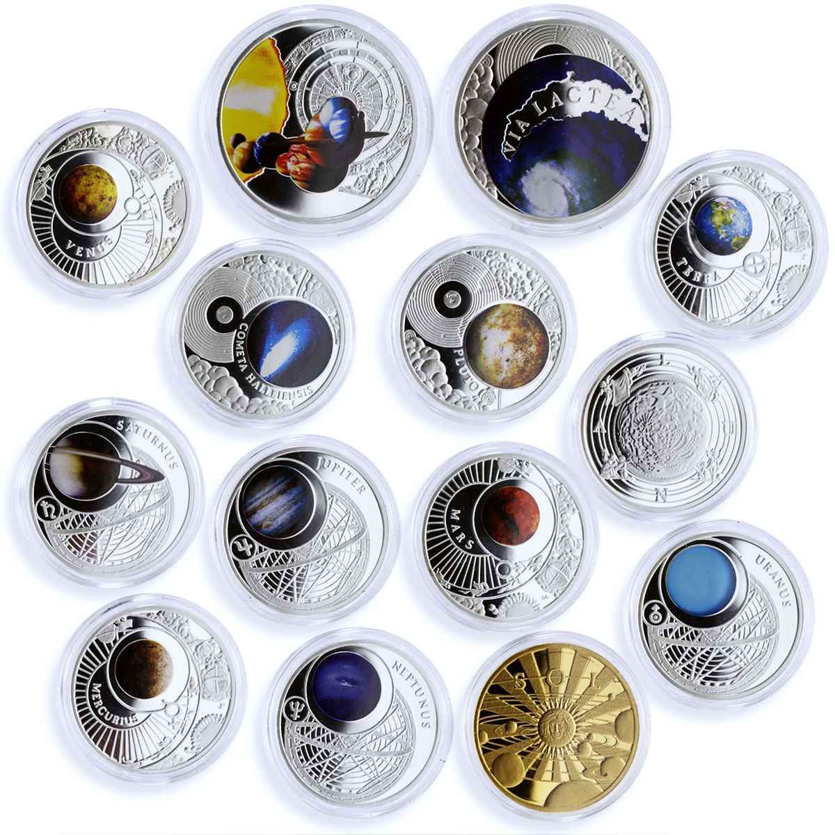 Poland set of 14 tokens Systema Solare Solar System Galaxy silver tokens 2009